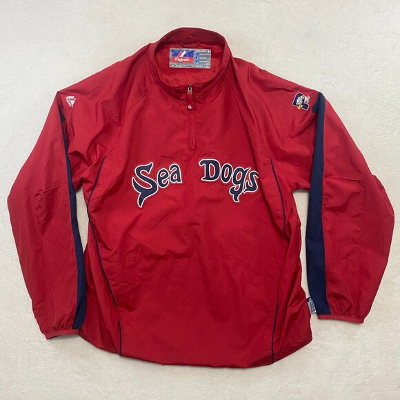 VTG Y2k Majestic Cool Base MILB Portland Sea Dogs Red Windbreaker Jacket XL - Picture 1 of 12